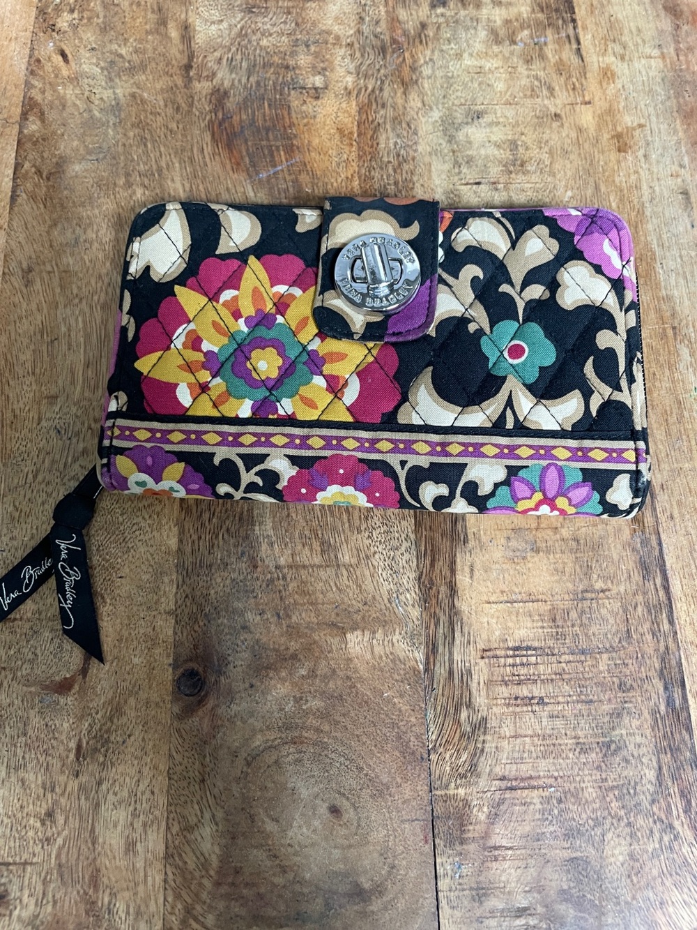 Vera Bradley Black Quilted Floral Zip Wallet with‎ Multicolor Accents